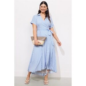 NWT Hutch Blue Vertical Striped Wrap Maxi Johnnie Dress, Short SleeveS Small